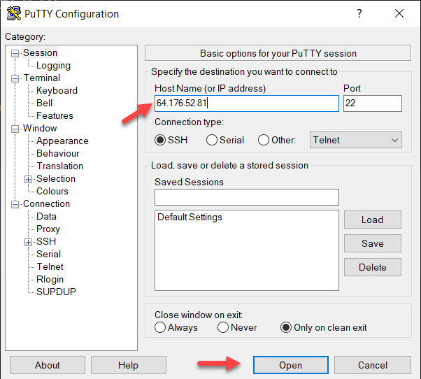 Nhập IP vào PuTTY
