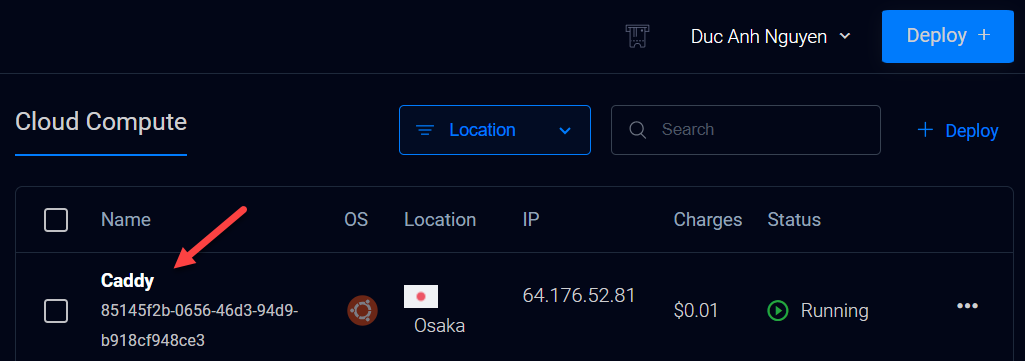Click vào tên VPS trên giao diện Vultr